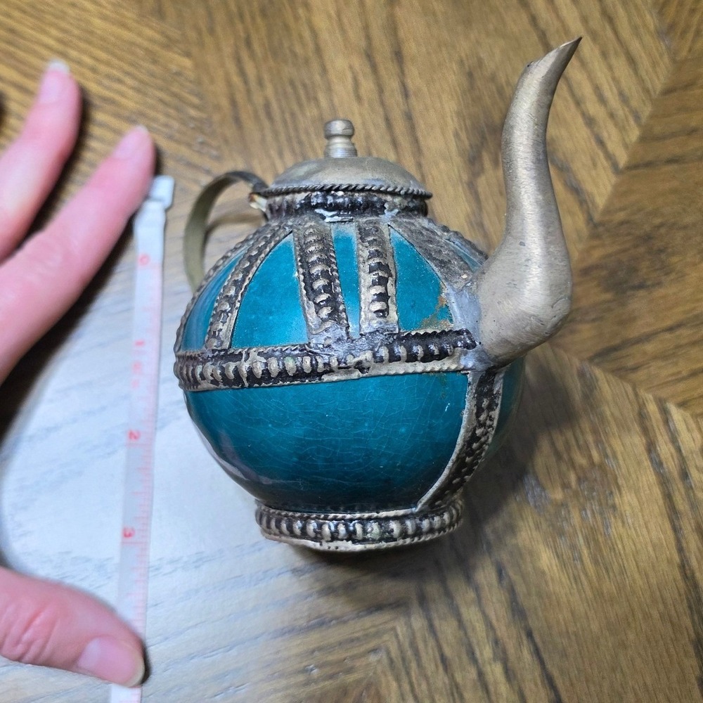 Vintage Moroccan Teal Ceramic Metal Filigree Teapot and Lidded Jar Set 2 Piece - Picture 9 of 9